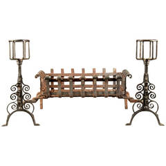 19th Century Ornate Wrought Iron Fire Dogs Jacobean Manner