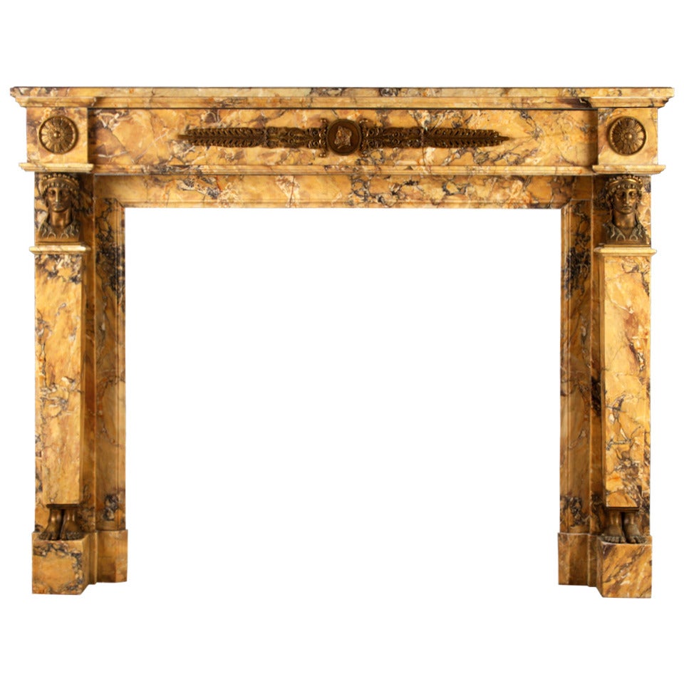 A Very Fine Neoclassical Sienna Marble and Brass Antique Fireplace For Sale