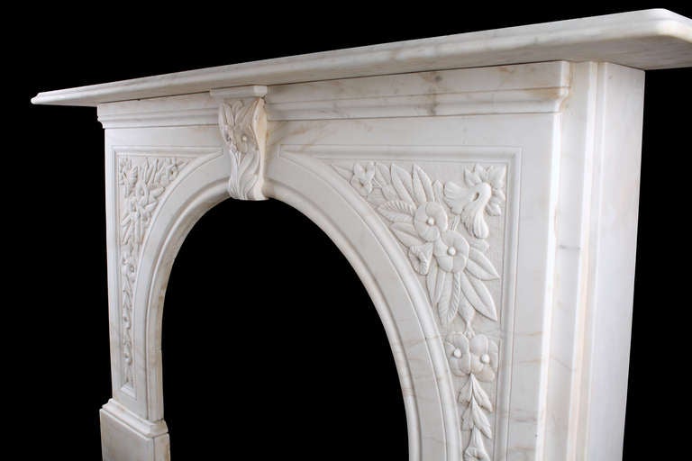 19th Century An Antique Victorian Arched Fireplace Surround In White Statuary Marble