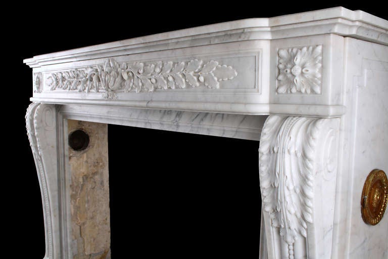 An Attractive French Louis XVI Antique Fireplace in White Carrara Marble 1