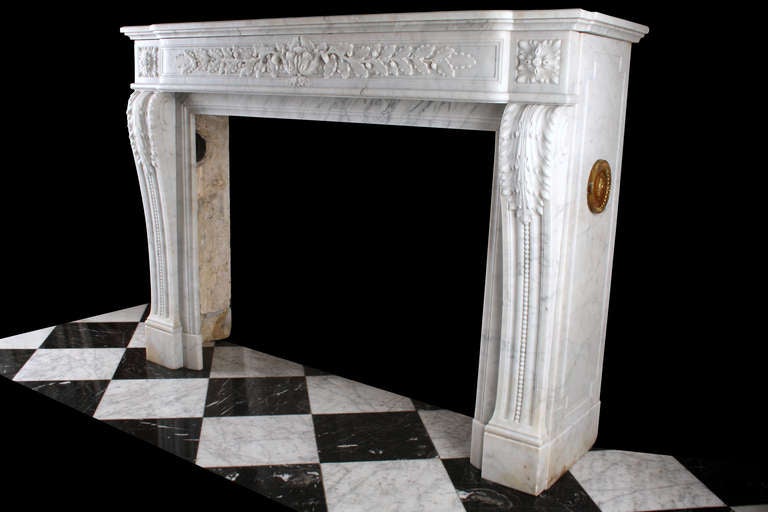 An Attractive French Louis XVI Antique Fireplace in White Carrara Marble 2