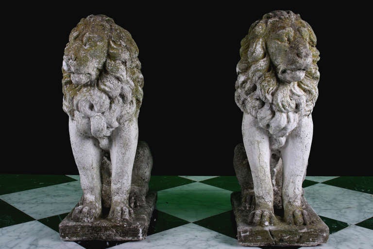 Matching Pair of Antique Victorian Lion Statues, Hand Crafted in Stone, mid 19th century.

Depth: 14