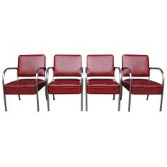 Retro Set of Four Maroon Vinyl and Chrome Barber Shop Chairs C1945