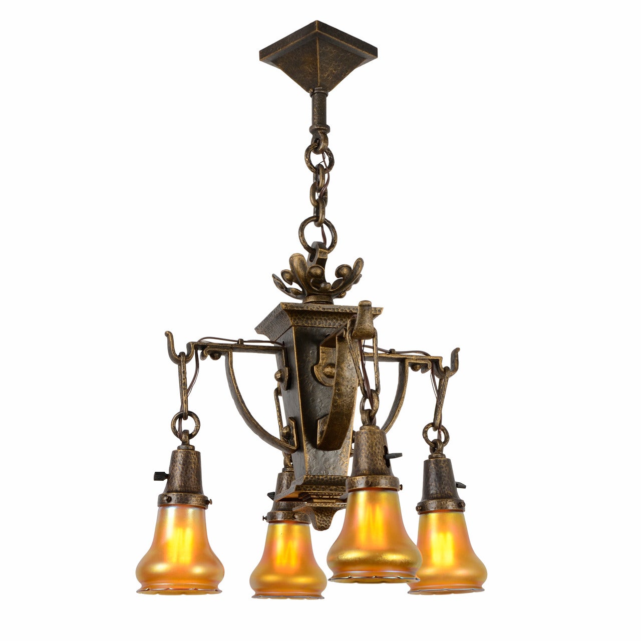 Ornate American Arts and Crafts Chandelier with Quezal Shades, circa 1915