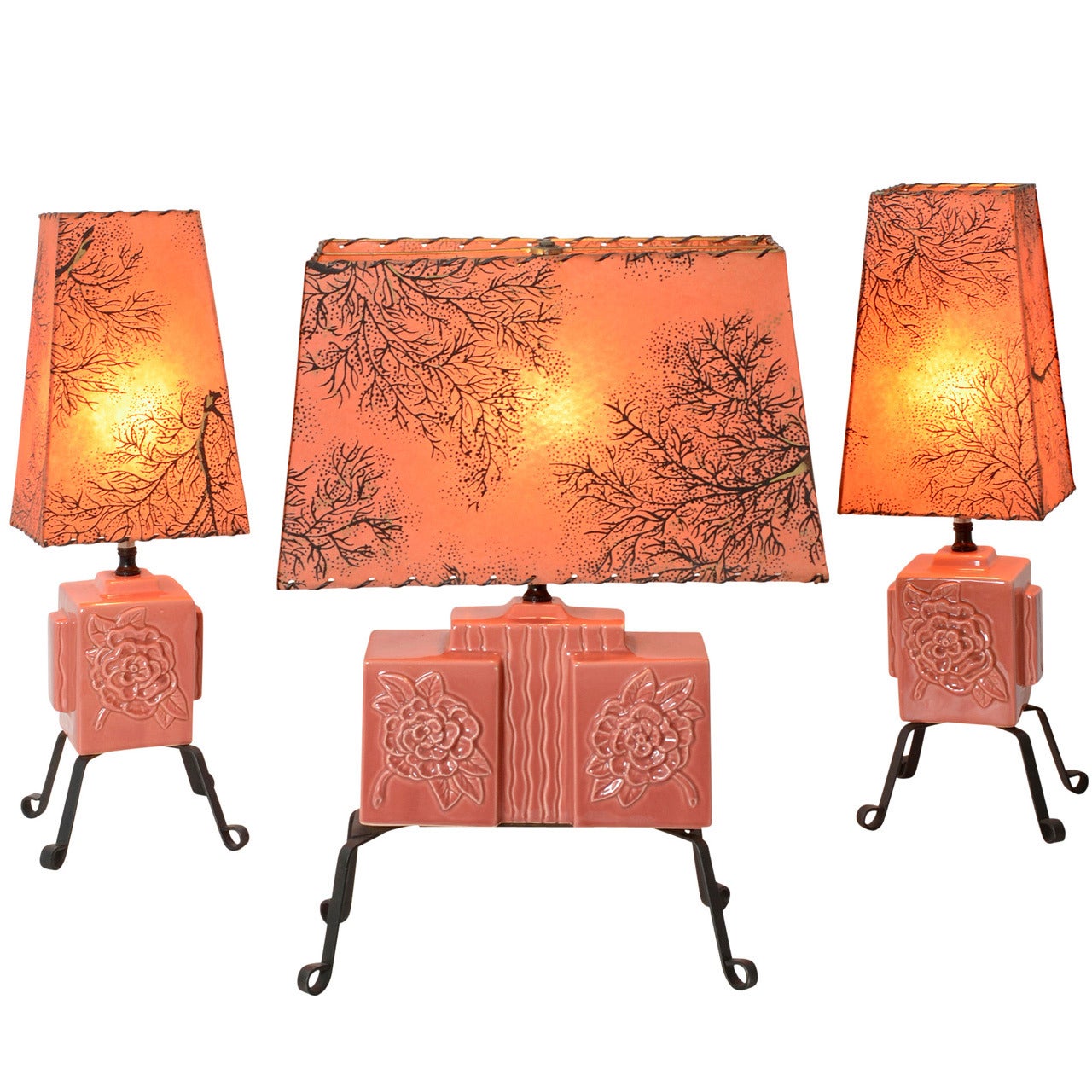 Trio of Sweet and Modern Rose-Colored Table Lamps, circa 1955