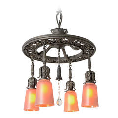 Extraordinary Classical Revival Chandelier with Nuart Carnival Glass Shades