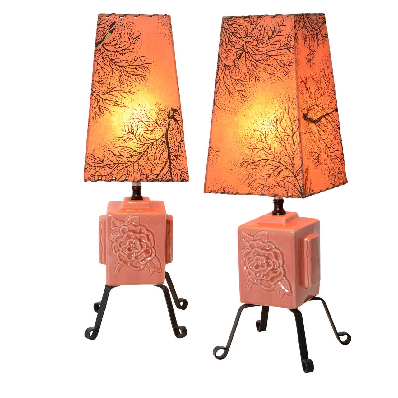 American Trio of Sweet and Modern Rose-Colored Table Lamps, circa 1955