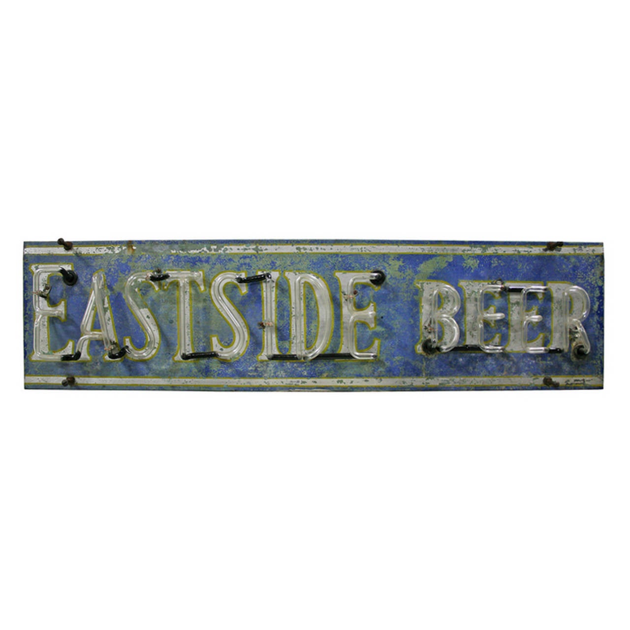 This neon sign holds a special place in our hearts. Not only is it the oldest in our collection, but it also represents a West Coast brewing company, Eastside Beer. Even when unlit, this is a delightful sign, with blue, white and yellow lettering.