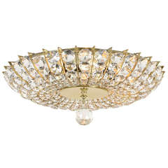 Vintage Striking Crystal & Brass Contemporary Flush Fixture wit Faceted Finial