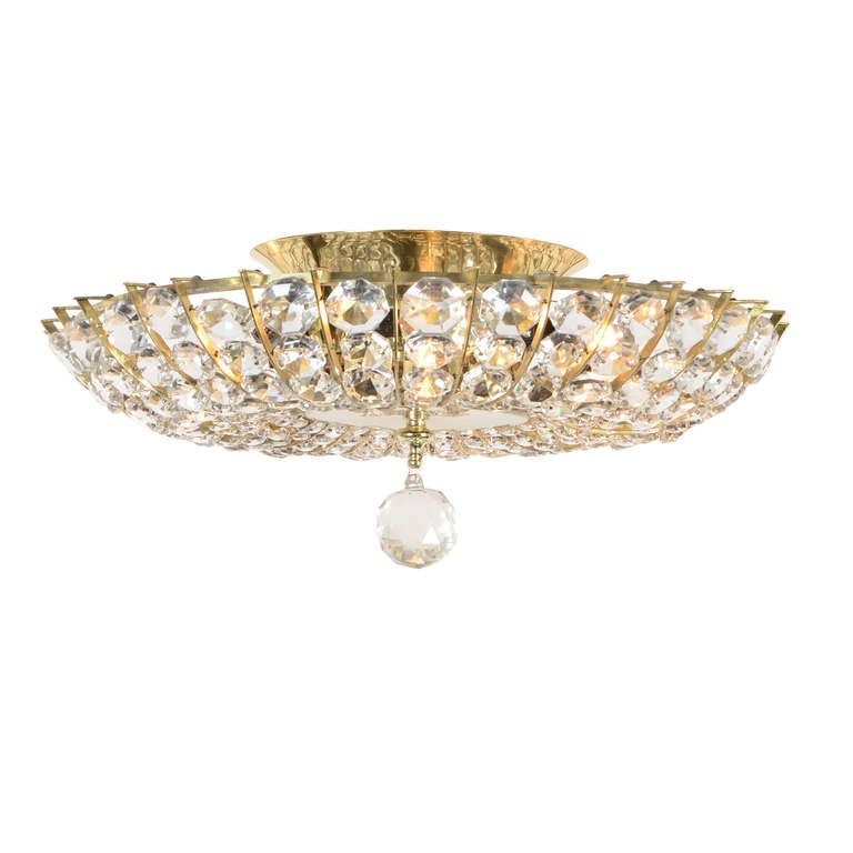 Striking Crystal & Brass Contemporary Flush Fixture wit Faceted Finial