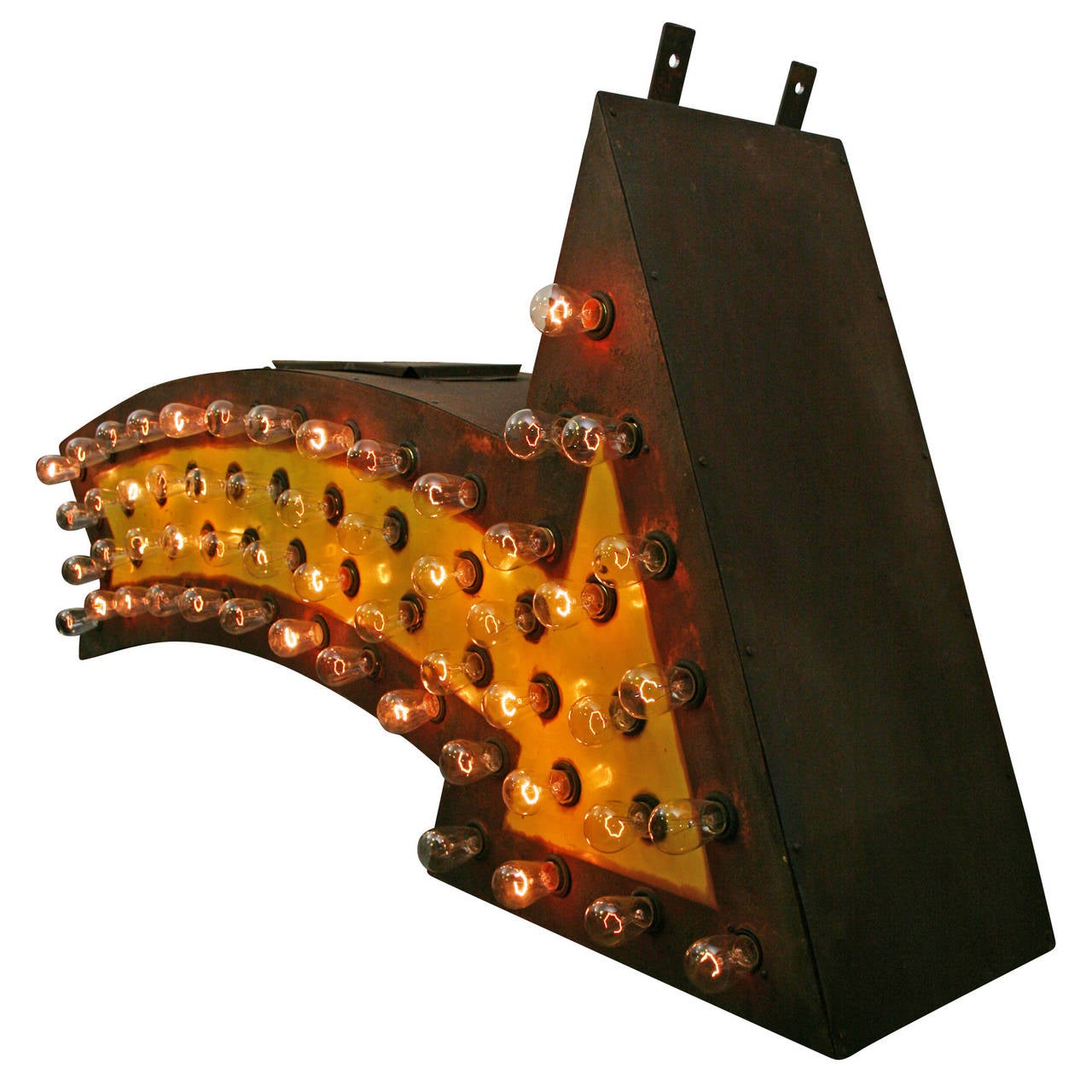 Step right up and bask in the glow of this remarkable carnival arrow sign! Two-sided and two-toned, this lighted sign has been fully restored and now features 110 flickering bulbs (55 on either side), powered by a flicker motor that causes the