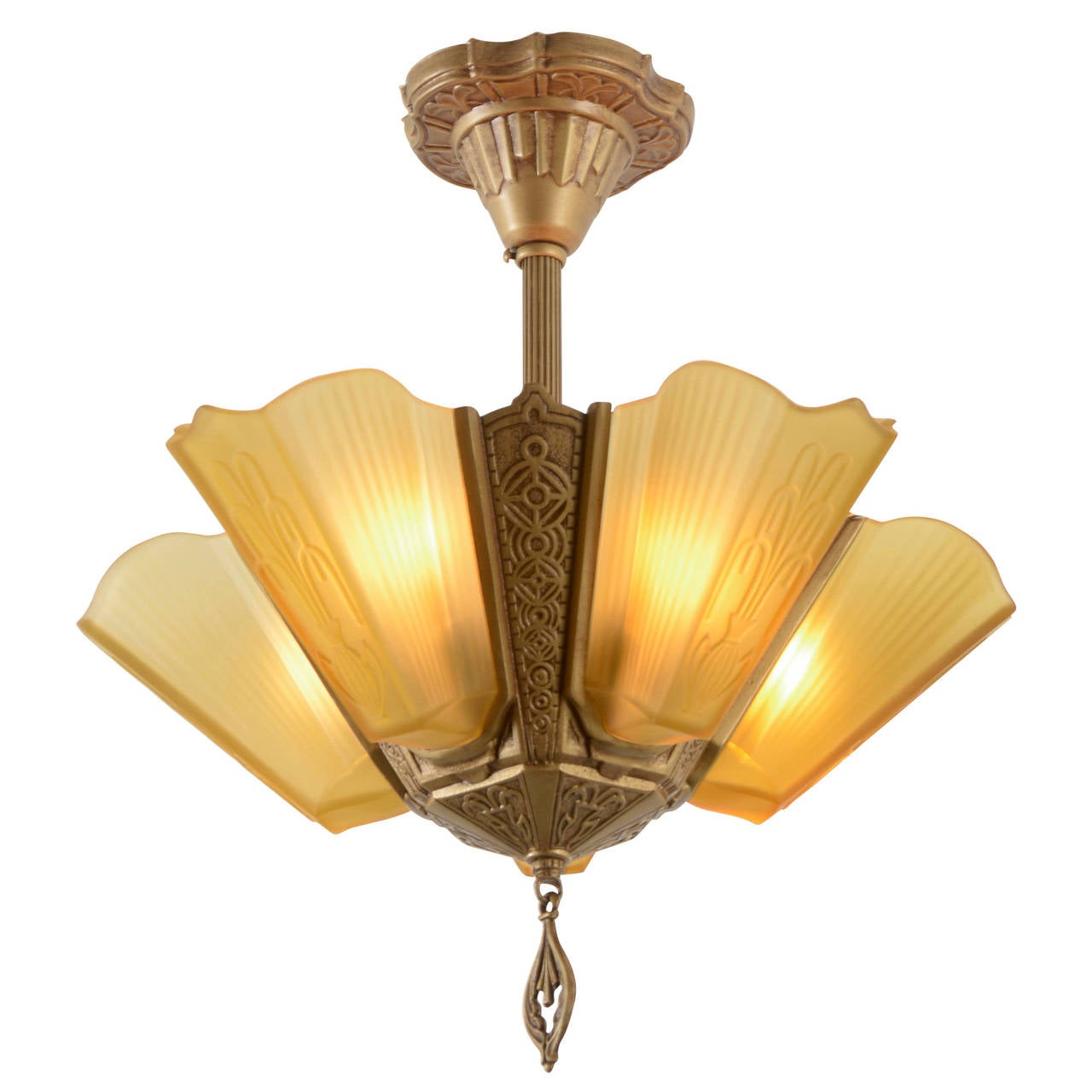 Slipper shaded lights like this antique chandelier were the hot trend from circa 1930 through 1935, before Streamline style and cup shade fixtures moved center stage. Inspired by French examples and featuring glass slipper shades at each light bulb