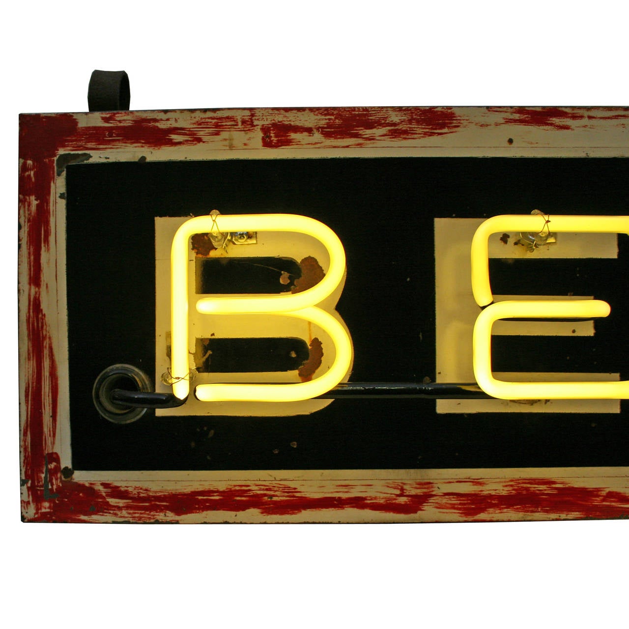 Worn and rusted, we love this reclaimed neon sign almost as much as what its advertising. Perfect for a bar or restaurant (really, anywhere), this Mid-Century sign boasts a hand-painted black, red and white composition, with glowing 'pilsner yellow'