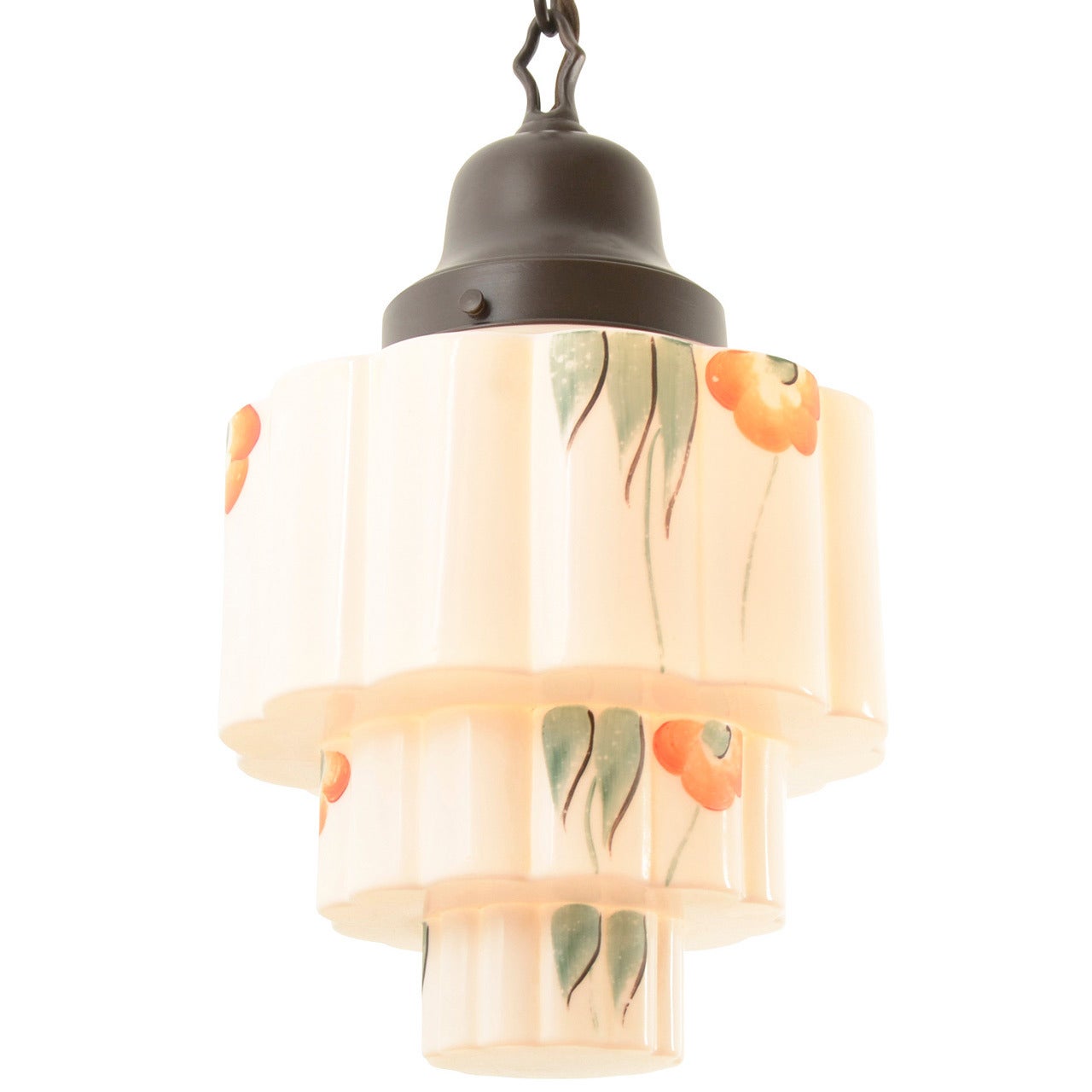 Chain Pendant with Stepped Deco Hand-Painted Shade, circa 1930