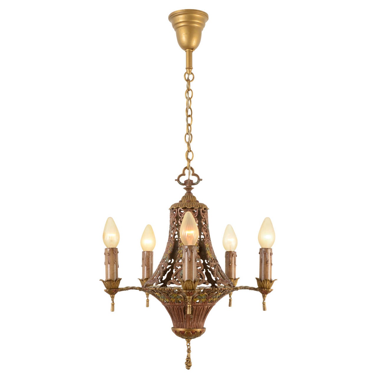 The late-1920s saw an explosion in the popularity of decorative cast white-metal fixtures with exposed globe bulbs and rich polychrome finishes like this example. Most were either flush mounts or chain-hung chandeliers, so an elegant, compact