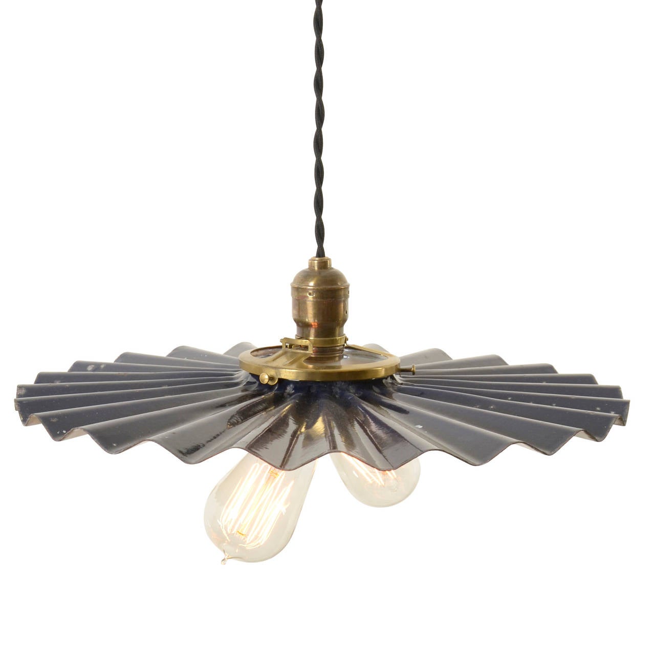 Industrial Two-Light Benjamin Cluster Pendant with Cobalt Crimped Reflector, circa 1930