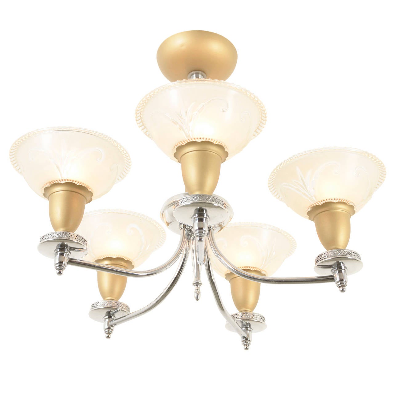 With its forward-looking mix of Moderne and Colonial elements, this dual-toned 5-light chandelier makes a statement that is both modern and traditional at the same time. Warm, decorated, pressed glass shades and intricate chrome filigree complete