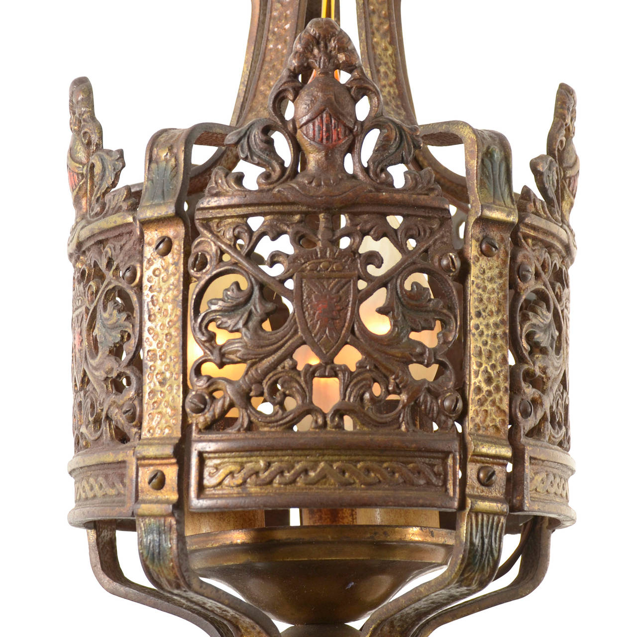 Revival Ornate Heraldic Wrought Fixture with Knight Motif, circa 1925