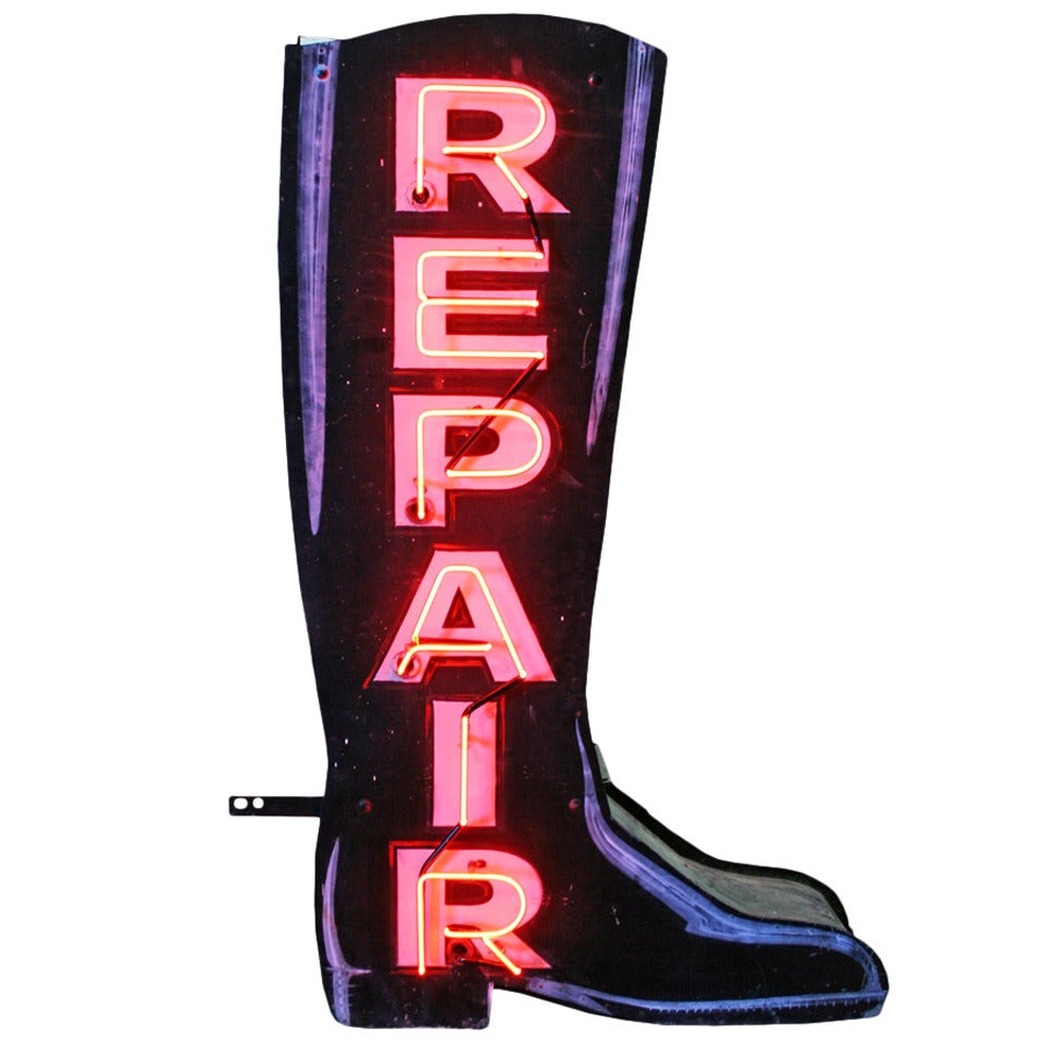 Magnificent Double-Sided Neon Boot Repair Sign, circa 1940 For Sale