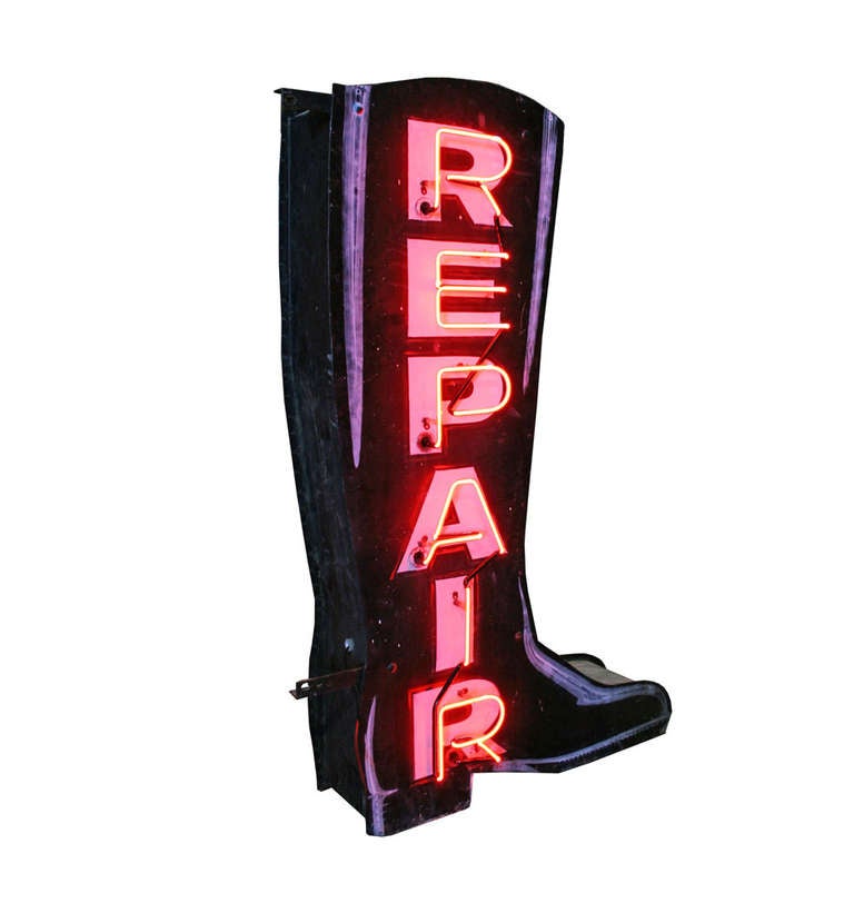 Mid-Century Modern Magnificent Double-Sided Neon Boot Repair Sign, circa 1940 For Sale