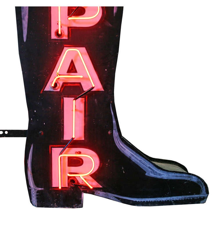 American Magnificent Double-Sided Neon Boot Repair Sign, circa 1940 For Sale