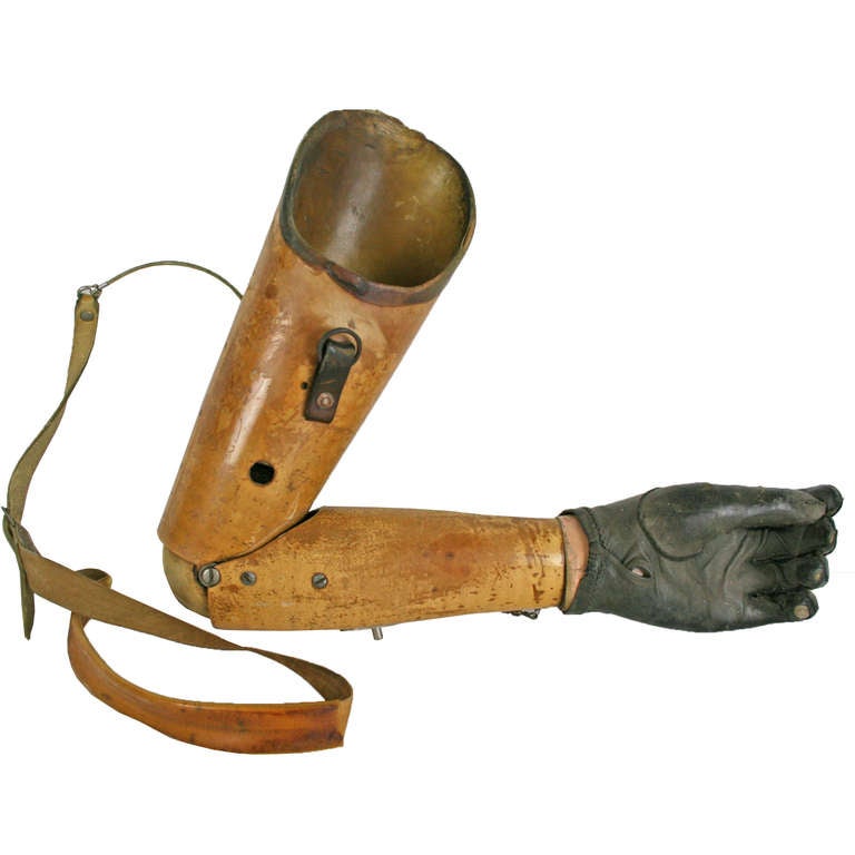 Made from wood, leather and steel, this incredible prosthetic arm has several mechanical components, making it a much improved addition to the wearer. The lever at the base of the forearm allows the angle of the elbow to be set, while the cord, when