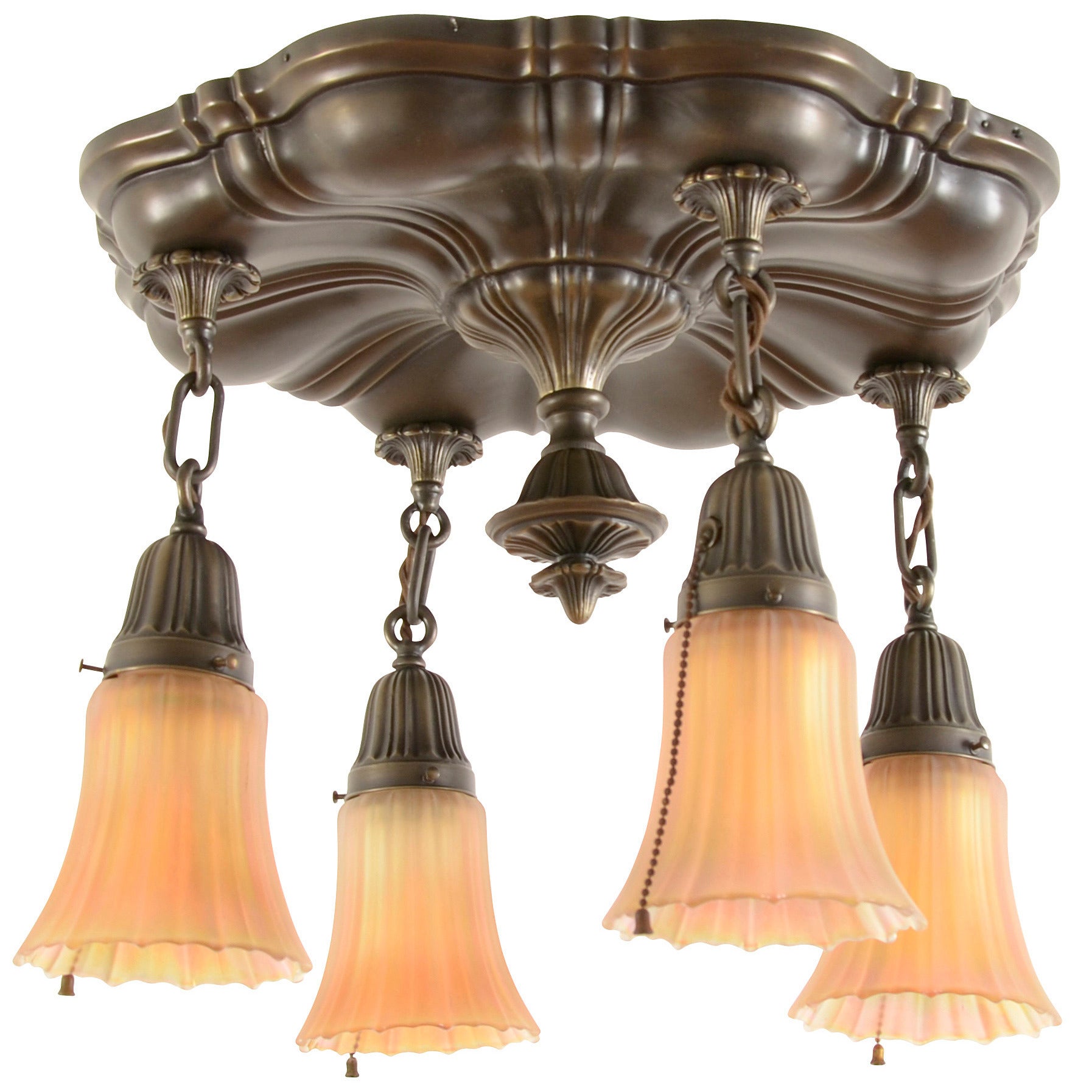 Sheffield Ceiling Pan with Carnival Glass Shades, circa 1914