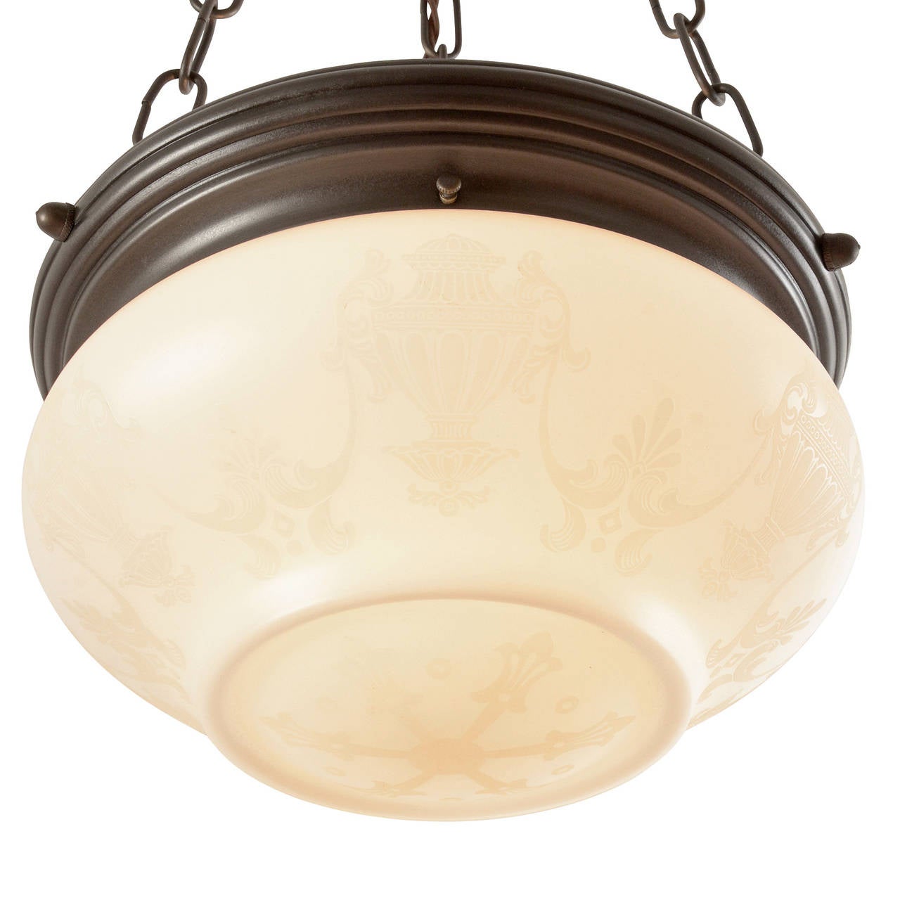 Semi-indirect bowl fixtures (some light diffused down, some light reflected up) were all the rage for dining rooms between 1910 and 1920, after which they slowly faded in popularity as pan fixtures ascended. This example dates to the later part of
