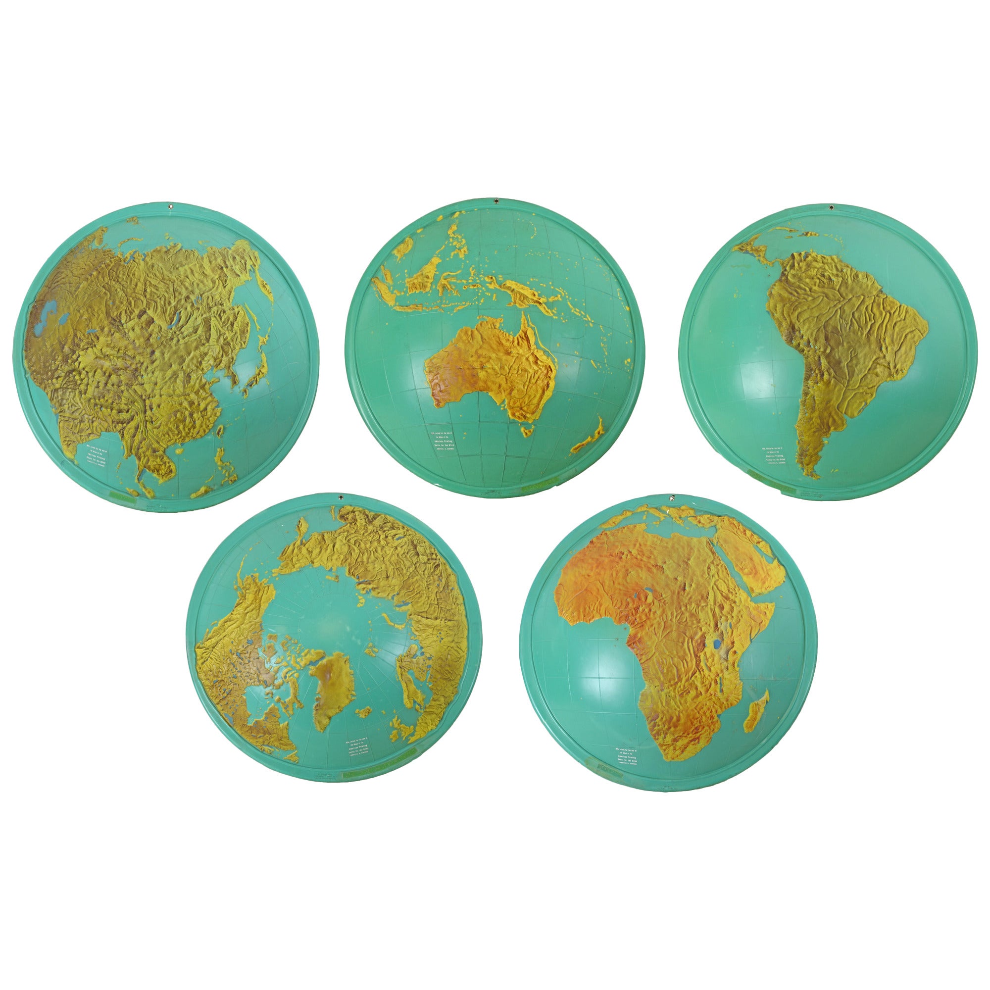 Set of Five Educational Relief Globes for the Blind, circa 1963