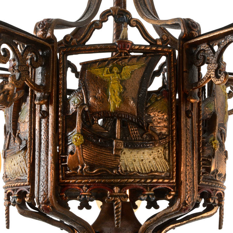 American Stunning Romance Revival Chandelier with Viking Ship Motif, circa 1925