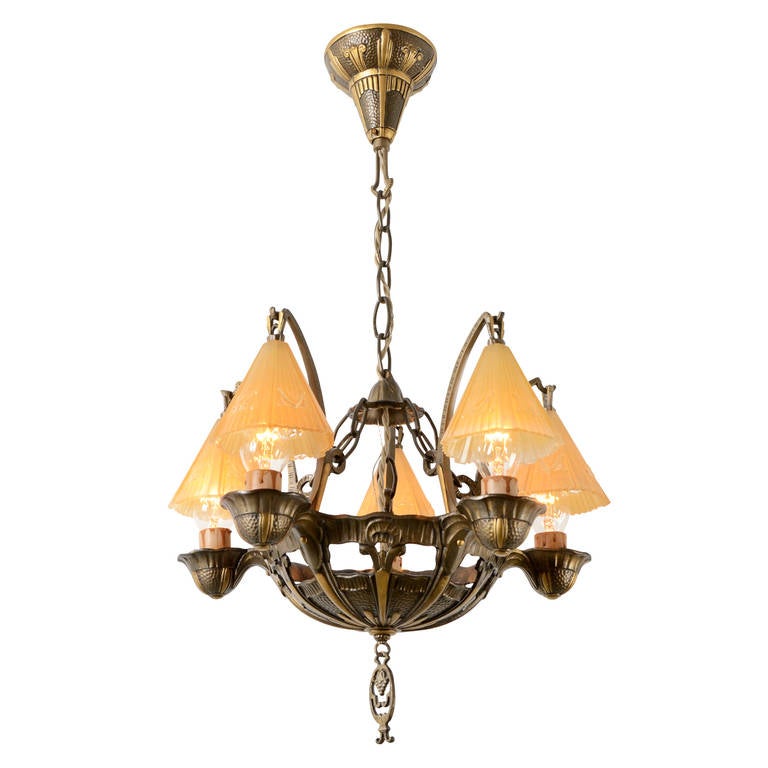 Romance Revival Five-Light Chandelier with Smoke Bells, circa 1934