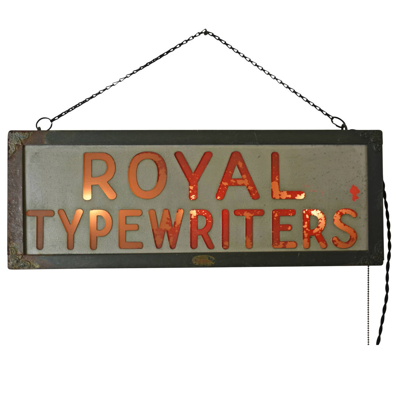 Classic and wonderfully weathered, this very early royal typewriters illuminated advertisement sign would once have hung in the window of a trusted Royal retailer. Produced by Robinson & Company, this "Colorglow" sign features a steel