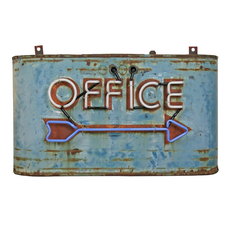 American Worn and Rusted Streamline Neon Office Sign, circa 1940s