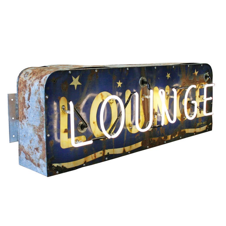 Once in a blue moon we come across a neon sign with a porcelain enamel face plate and we get very excited, even in the case of a crusty sign like this one, which can clearly tell a few tales. No doubt rescued from a metal scrap pile, this gorgeous