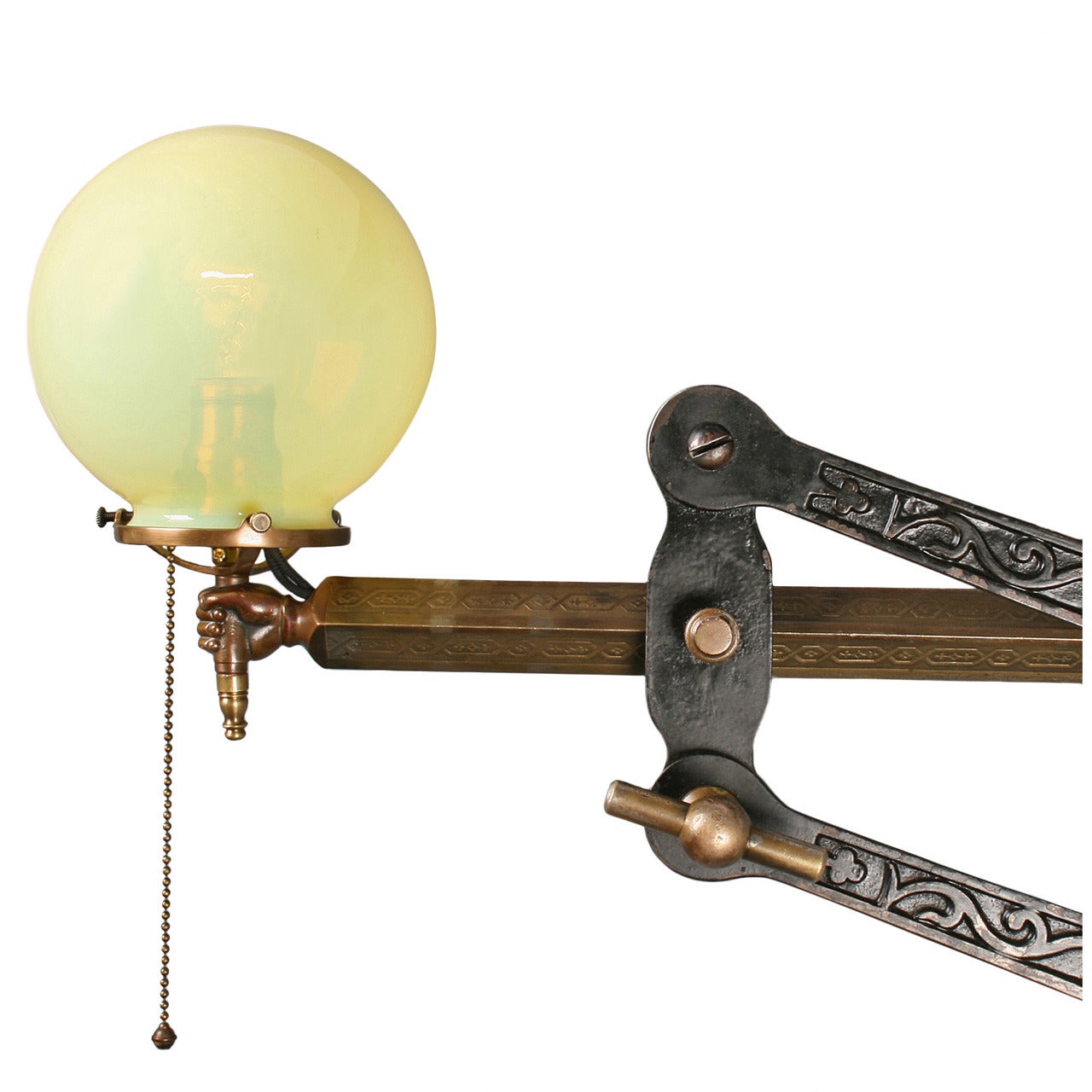 Adjustable Figural Hand Bracket Lamp with Straw Opal Shade, circa 1900