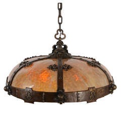 Antique Arts & Crafts Hammered Brass Dome Pendant, circa 1910