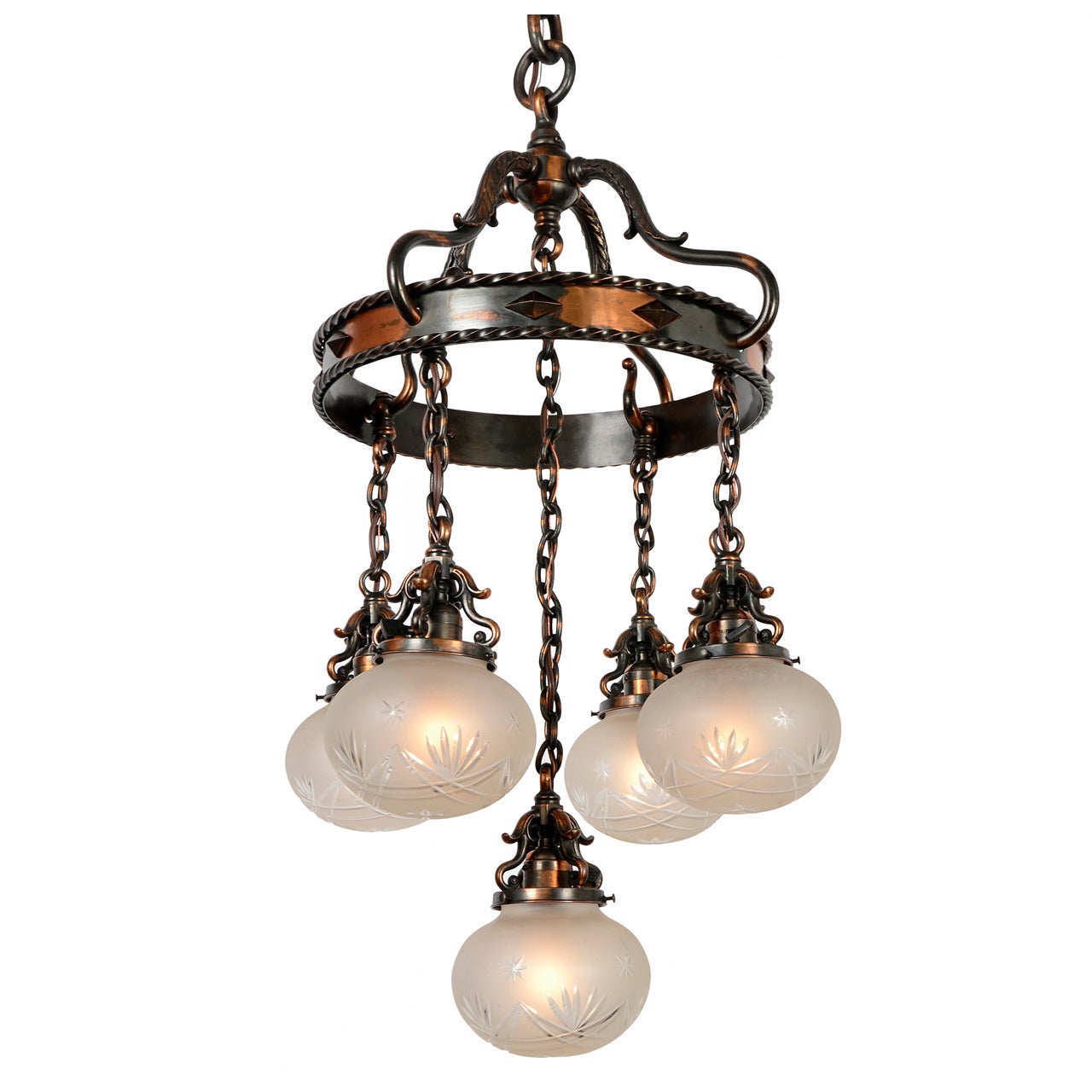 Eclectic Copper Suspended Ring and Shower Chandelier, circa 1915