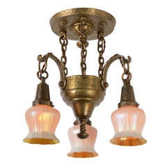 American Arts & Crafts Hammered Chandelier with Quezal Shades, circa 1915