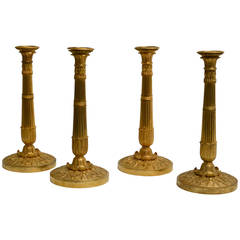 Rare Set of Four Large Gilt Bronze Candlesticks Attributed to Galle, Paris