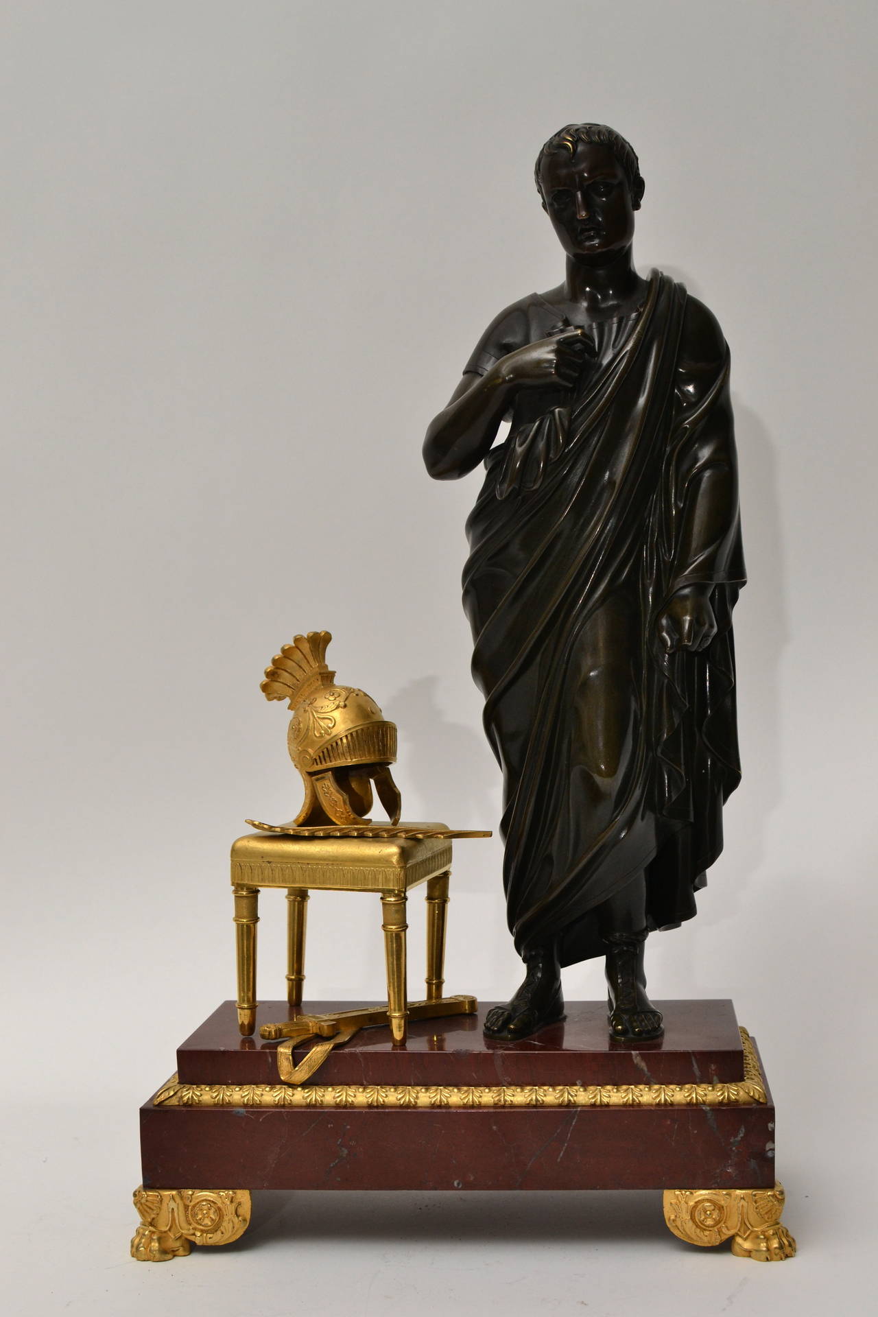 French Empire Gilt Bronze and Patinated Sculpture of Caesar on Red Marble Base