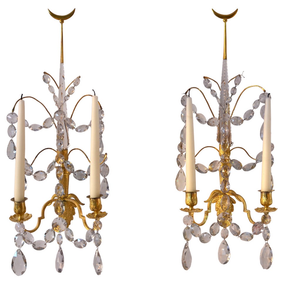 Pair of Russian gilt bronze and crystal wall appliqués.