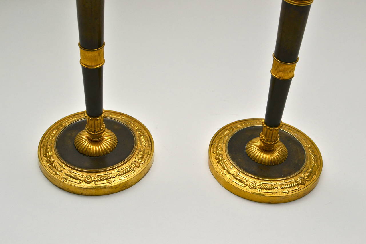 Empire Pair of Gilt Bronze French Directoire Candlesticks Attributed to Galle