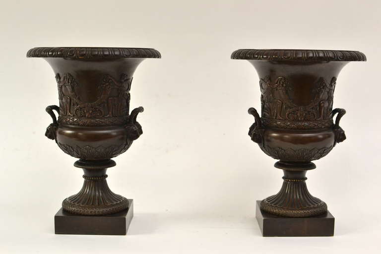 A pair of French patinated bronze models of the Medici vase. Early 19th century and of very fine cast.