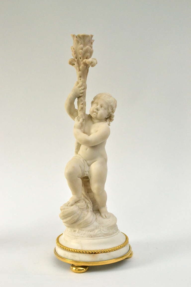 Late 18th Century Pair of French Louis XVI White Marble Candlesticks With Gilt Bronze Mounts For Sale