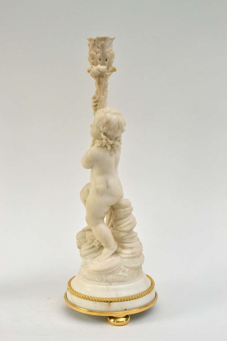 Pair of French Louis XVI White Marble Candlesticks With Gilt Bronze Mounts For Sale 3