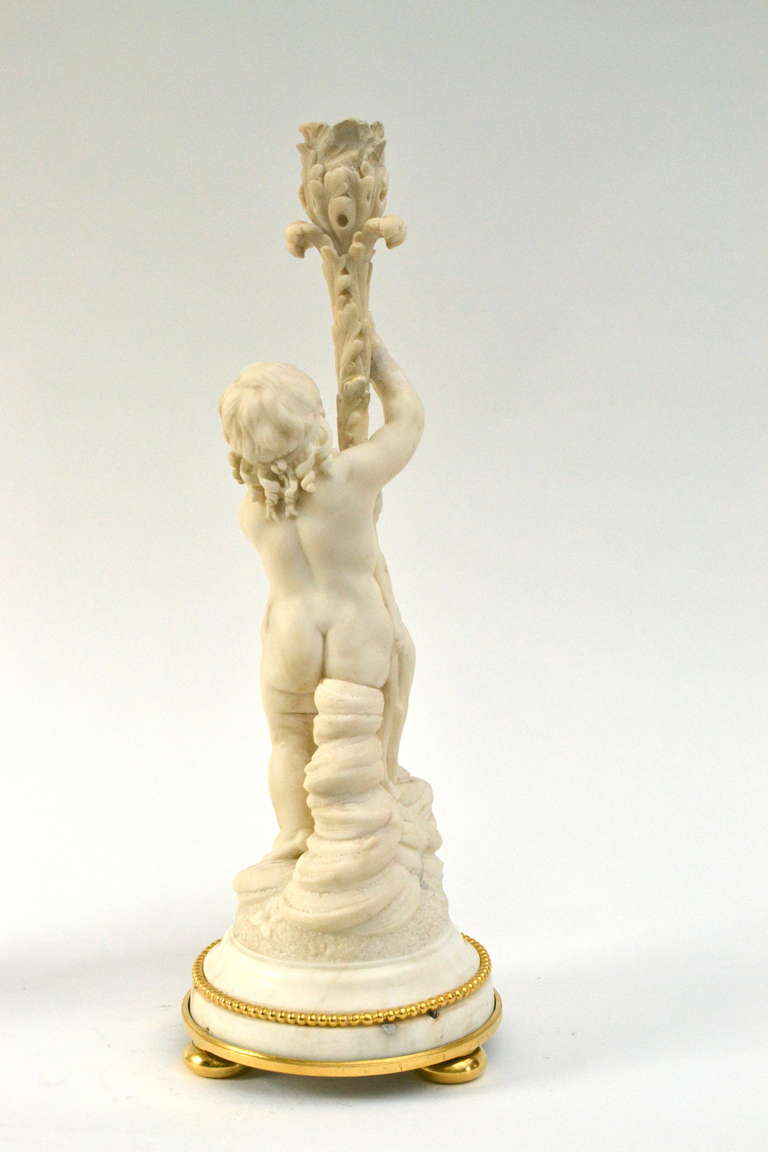 Pair of French Louis XVI White Marble Candlesticks With Gilt Bronze Mounts For Sale 4