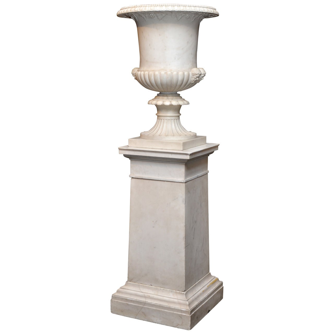 Important 19th Century Italian Carrara Marble Urn on Original Marble Stand