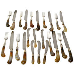 English Set of 18 Agate Handled Knives and Forks Together with Six Fruit Knives