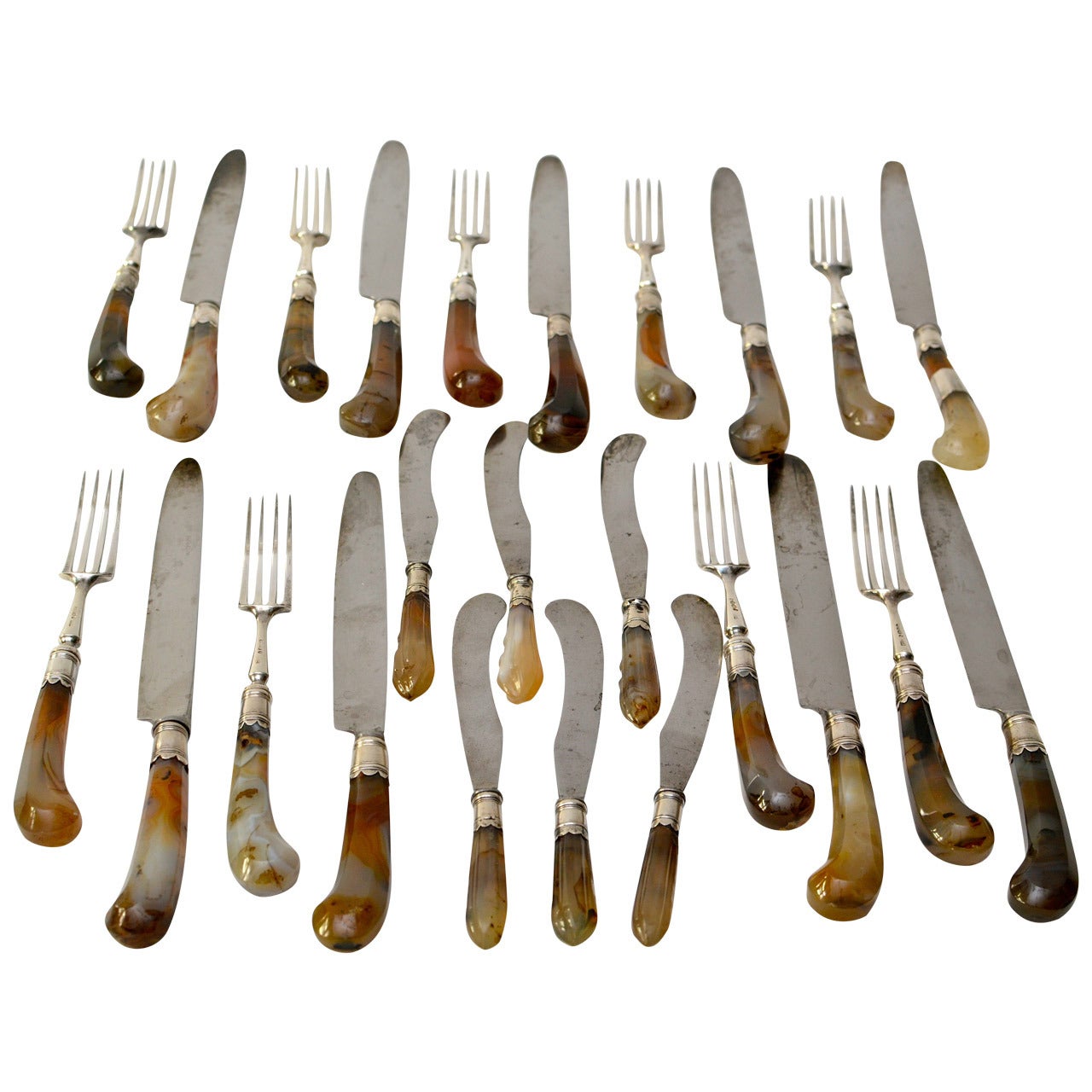 English Set of 18 Agate Handled Knives and Forks Together with Six Fruit Knives