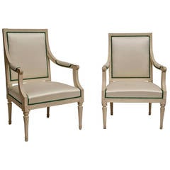 Pair of Crème Painted Gustavian Armchairs, Johan Lindgren, Stockholm